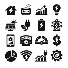 Set of energy icons including solar, battery, and smart meter designs