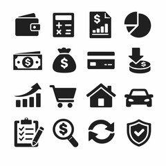 Finance icon set: wallet, calculator, cash, credit card, chart, shopping cart, house, car, security