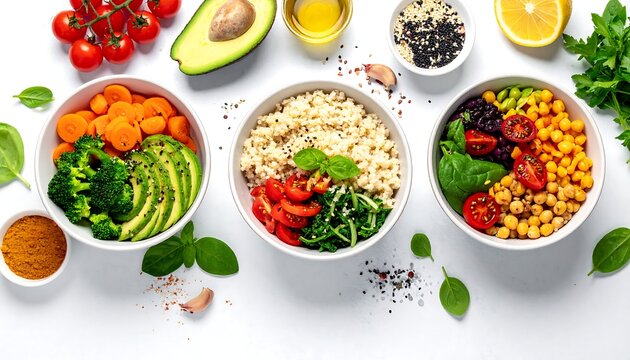 Banner of vegan lunch bowls healthy plant based food concept on white background with ingredients, vegetables and spices