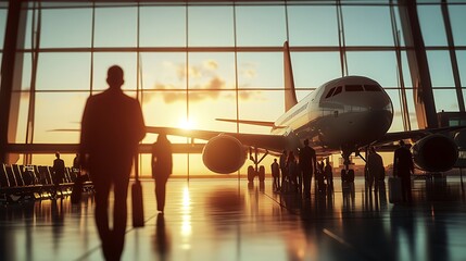 Silhouetted travelers with luggage walk toward a parked commercial airplane through the bright, reflective windows of an airport terminal at sunrise or sunset.