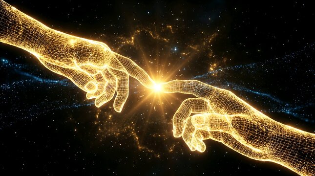 Digital hands touching in space with glowing connection