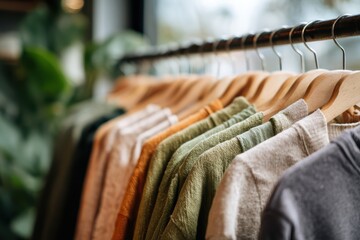 Sustainable fashion background featuring neatly arranged clothes hanging on simple rack inside second hand clothing store perfect for slow fashion and green fashion movement concept.