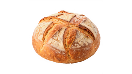 Freshly baked round bread with golden crust and scored top isolated on transparent background cut out