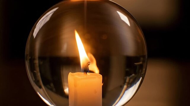 Burning candle inside a clear glass sphere, creating a warm and reflective ambiance.
