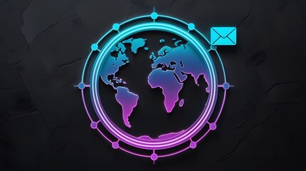 Global communication network with neon glowing earth and email icon, digital concept