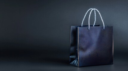 A navy blue shopping bag with metallic trim, dark grey background, text space on the right.