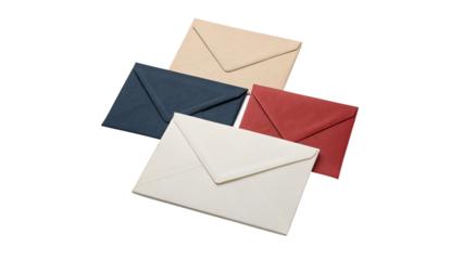 Four envelopes in different colors isolated on transparent background cut out
