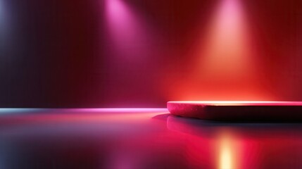 Vibrant stage with colorful spotlights shining on empty platform