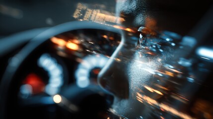 Abstract interior shot showing layered software interface reflections on windshield with human eye focus implied emotional tech fusion perfect for software defined driving experience innovation.