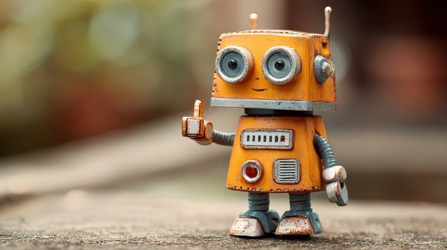 A small orange robot toy stands on a concrete surface with a blurred background