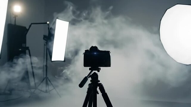 Professional photography studio setup with camera on tripod and lighting equipment.