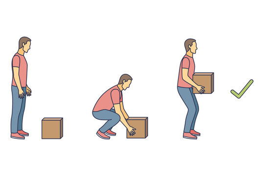 Lifting technique safe movement. Safety. Correct instruction for moving heavy packages for workers. Ergonomic movement for loading objects vector flat illustration