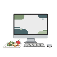 Desktop Setup Featuring Food And Modern Technology Elements With Healthy Eating Concept