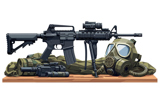 Military equipment on display: gas mask, tactical gear, and rifle set