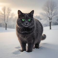 A serene cat with vibrant green eyes and soft grey fur stands