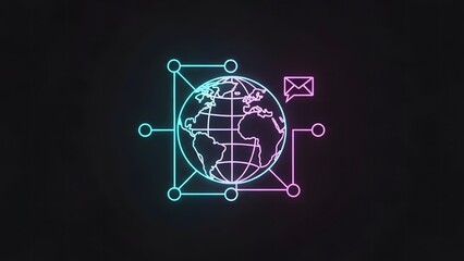 Neon globe with network connections and email icon, representing global communication and digital connectivity.