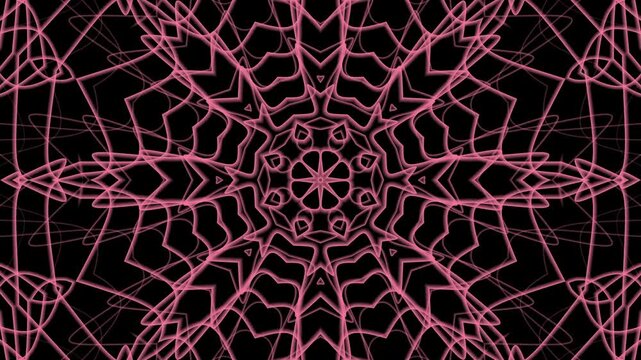 Symmetrical pink wire pattern on black background suitable for abstract backgrounds, graphic design projects, techrelated themes, and contemporary arts.