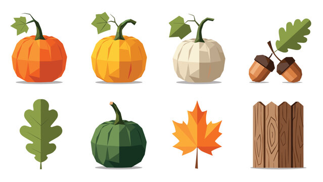 Geometric autumn elements: pumpkins, acorns, leaves, and fence in low poly art style