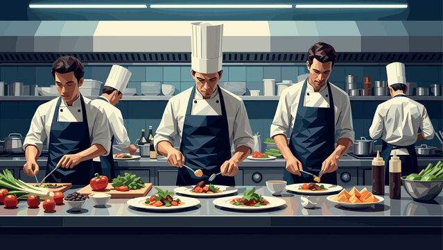 Professional chefs in a busy kitchen engaging in culinary artistry - Powered by Adobe