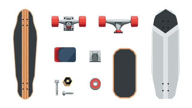 Longboard parts isometric view with components on white background