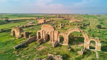 Fototapeta premium Aerial view of ancient Roman ruins amidst vibrant green fields under a clear blue sky