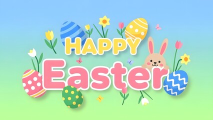 Fototapeta premium Happy easter day greeting with colorful eggs and bunny