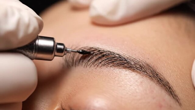 Close-up of permanent makeup application on an eyebrow with a fine-tipped tool