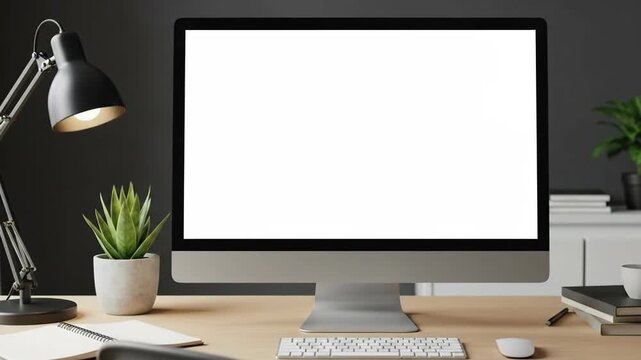 Modern workspace setup featuring a blank computer screen, keyboard, and desk lamp.