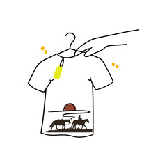 Minimalist white tshirt line art with western cowboy silhouette sunset desert scene on hanger being held by hand and price tag for fashion retail store apparel design and clothing shop concept use
