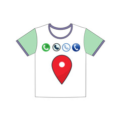 T-shirt design with various phone call icons and large red location pin symbol in center representing communication and navigation themes on white apparel template