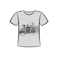 Classic grey tshirt template featuring detailed architectural sketch of historic mansion building facade for custom print design or souvenir apparel illustration on plain white background element