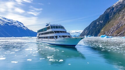 Small white cruise ship navigates icy turquoise glacial waters surrounded by steep forested mountains under a bright blue sky during a northern expedition