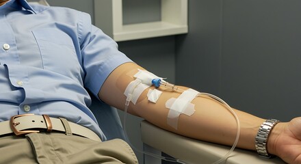 Man Receiving Intravenous Therapy in Medical Clinic - Close-up of IV Therapy with Medical Tape and Tubing
