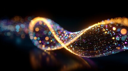 A vibrant and intricate DNA double helix structure composed of glowing particles on a dark background