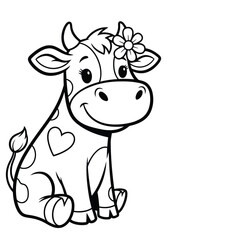 Obraz premium a charming black and white cartoon illustration of a smiling cow adorned with a pretty floral decoration