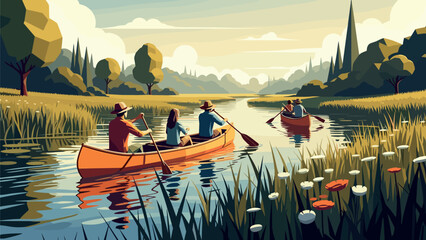 Flat style canoeing adventure in nature with vibrant colors and serene landscape scenery