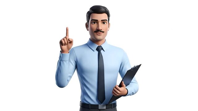 3D animated man in blue shirt, tie, holding clipboard, pointing up