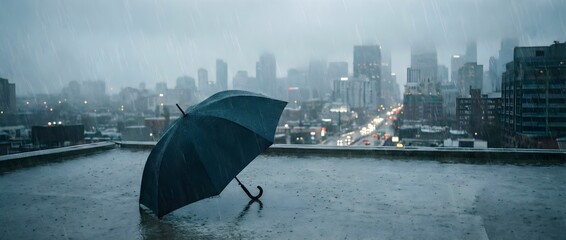 Rainy city skyline with umbrella on rooftop