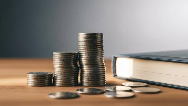 Stacks of coins and a book represent financial literacy and investment growth.