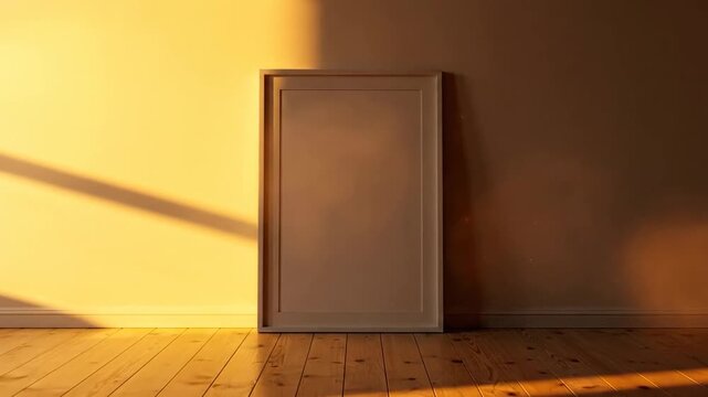 Blank white frame leaning against a wall on a wooden floor, ready for customization.