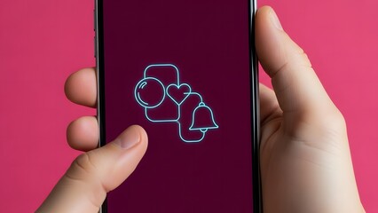 Close-up of hand holding smartphone displaying glowing neon icons for social media