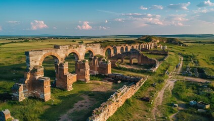 Obraz premium Aerial view reveals an ancient aqueduct ruins in a vast green landscape under a sunset sky