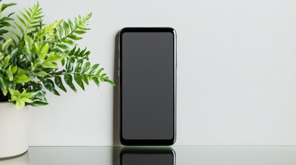 A sleek modern smartphone placed on a reflective glass surface with soft lighting, surrounded by minimal decor, creating ample space for advertising text