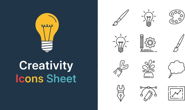 Black outline icon sheet of creativity and idea generation concepts