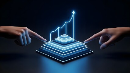 Fingers pointing at layered platform with glowing upward trending graph, business growth