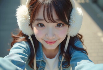 A young woman with brown hair and blue eyes smiles at the camera while wearing white fluffy earmuffs and a denim jacket. 
