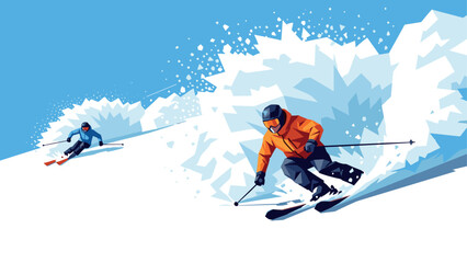 Dynamic skiers navigating fresh powder on a sunny winter day