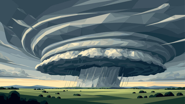 Geometric tornado storm over fields in low poly art style