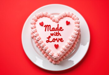 A heart-shaped cake with pink and white frosting is placed on a white plate against a red background. 