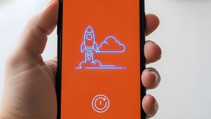Hand holding smartphone with glowing neon rocket launch icon for startup success